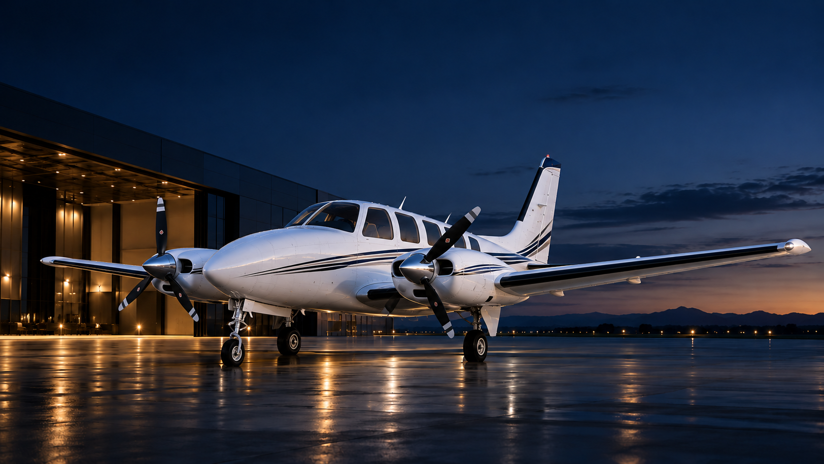 Illustrative white Beechcraft Baron 58 in the blue-hour hangar setting