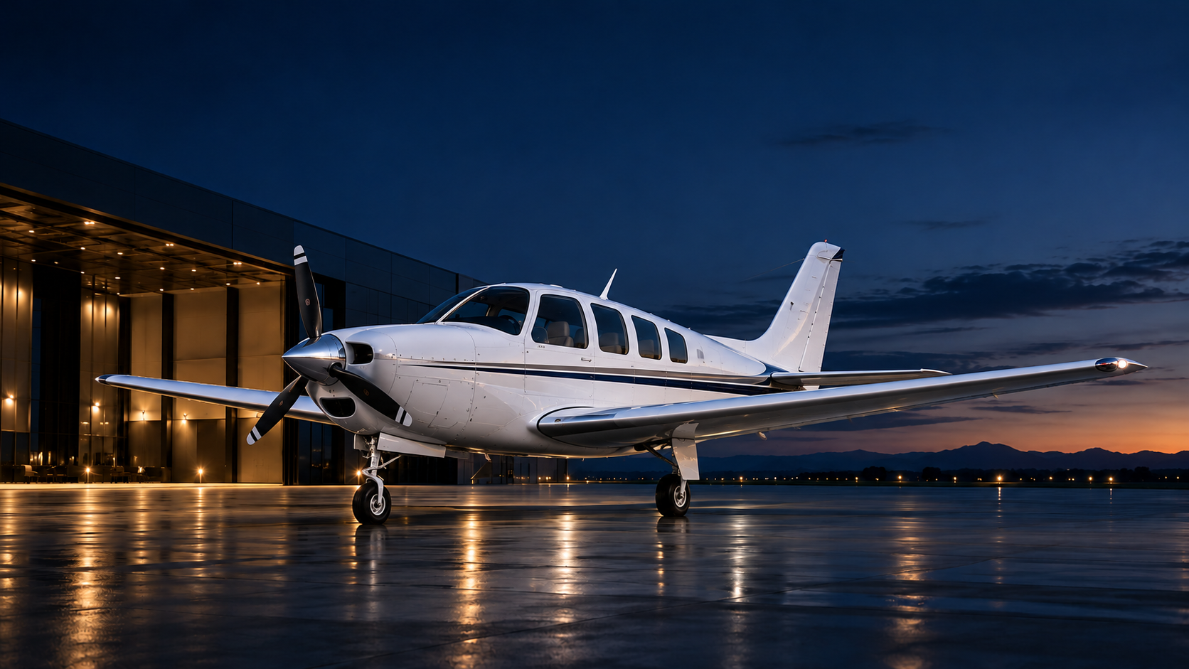 Illustrative white Beechcraft A36 Bonanza in the blue-hour hangar setting