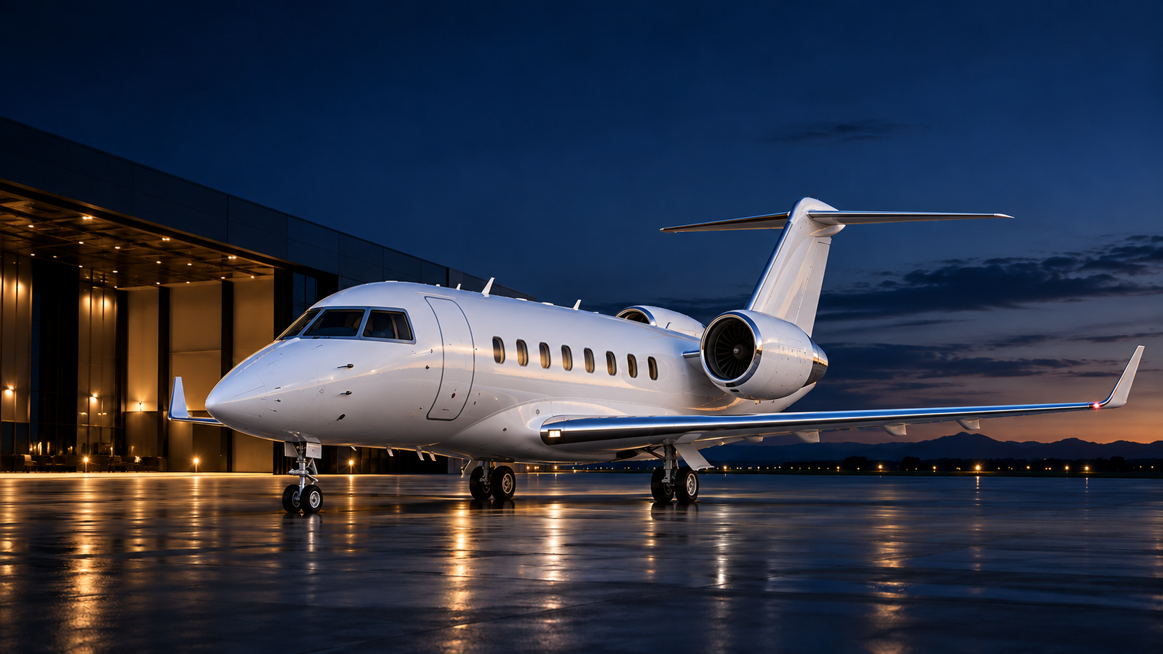 Illustrative white Bombardier Challenger 650 on an apron at blue hour