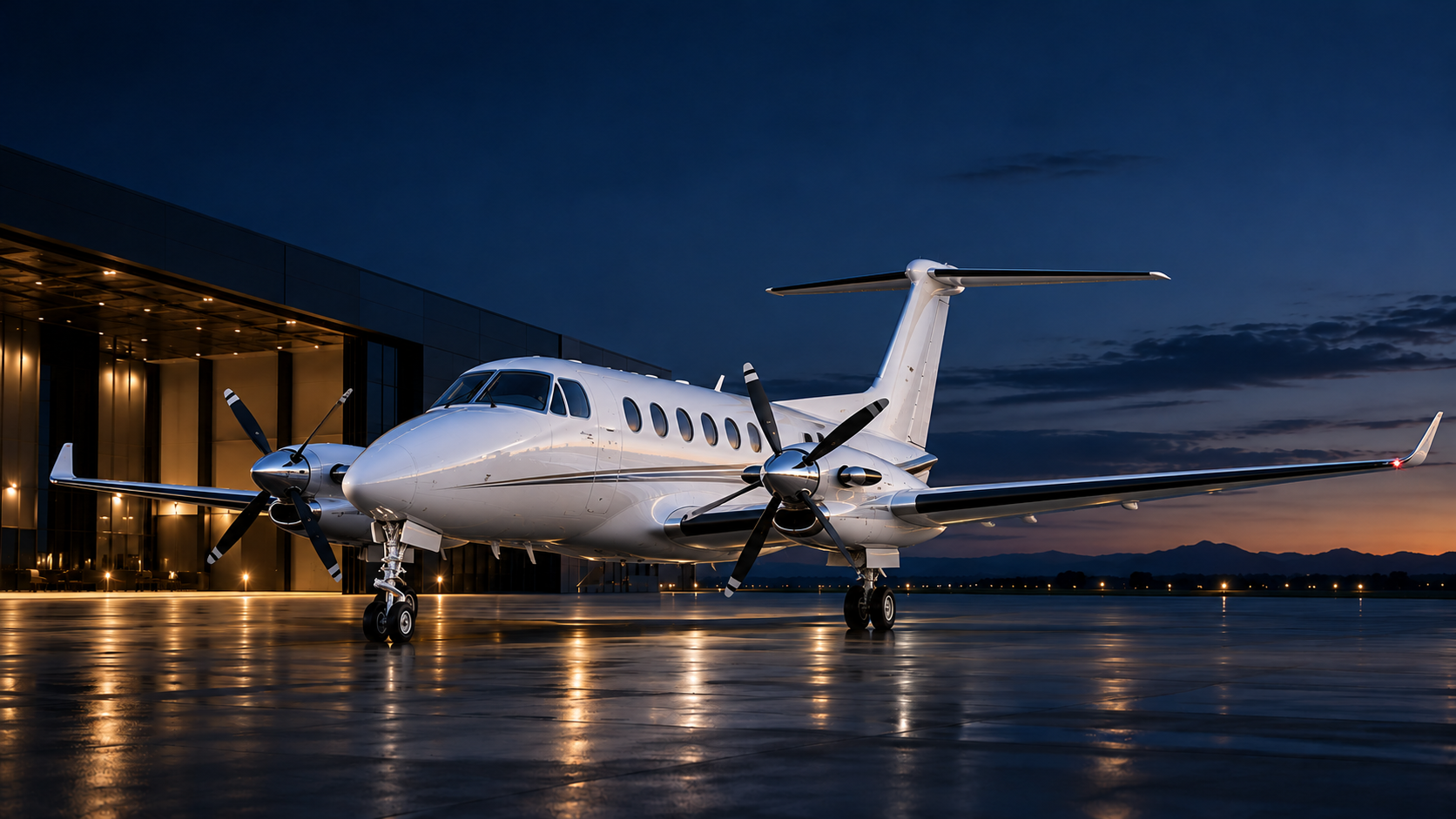 Illustrative white Beechcraft King Air 350 in the blue-hour hangar setting